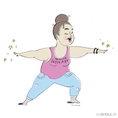 A light skinned woman with brown hair in a messy bun wearing jeans and a pink tank top that says warrior woman in warrior 2 form. Her eyes are closed and stars are flying out of her finger tips.