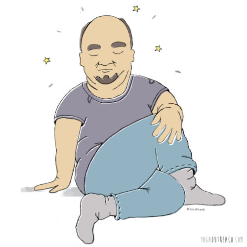 An illustration of a light skinned male with a rounder body in a seated twist. His eyes are closed and their are stars around him.